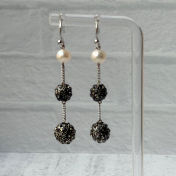 Vtg 1990s Chico’s Pearl Chain Drop Earrings Sparkle Textured Metal Ball Accents - Picture 10 of 10